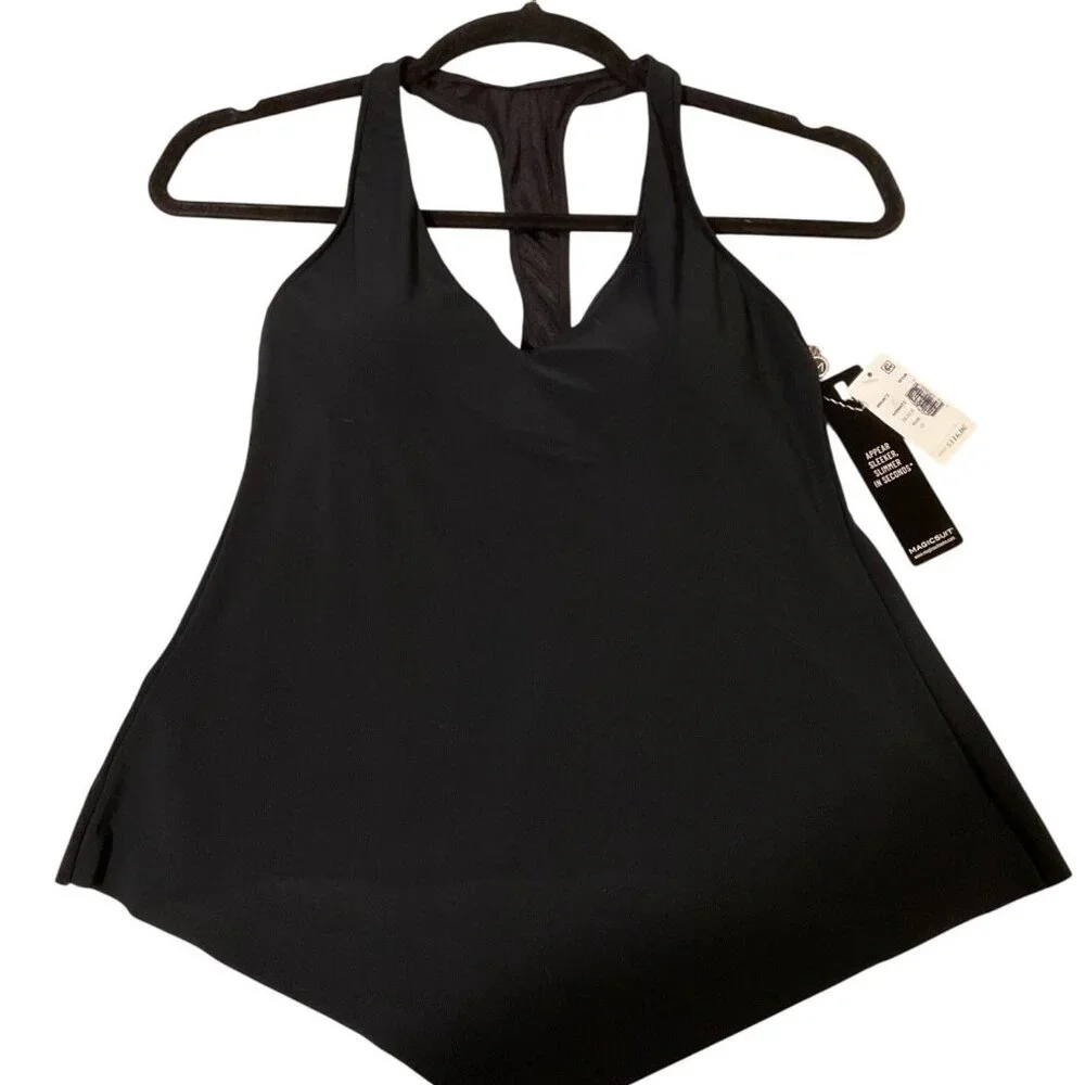 NWT Magicsuit Black Racerback Tankini Top Size 12 Sleek Slimming Design Black - Picture 2 of 10